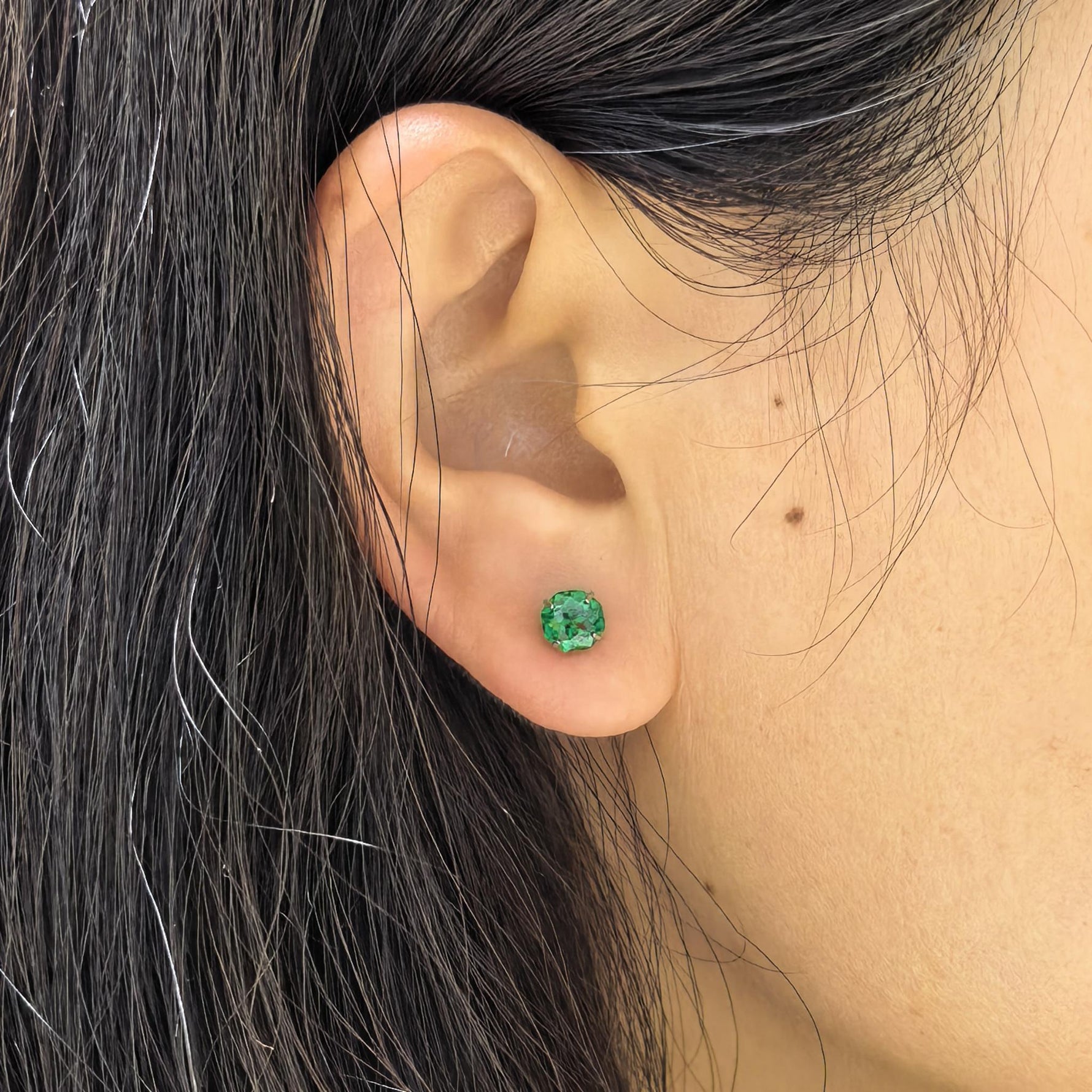 Ear‑view wearing photo, 6mm octagonal bouquet faceted cubic zirconia cartilage stud, hypoallergenic screw‑back earring