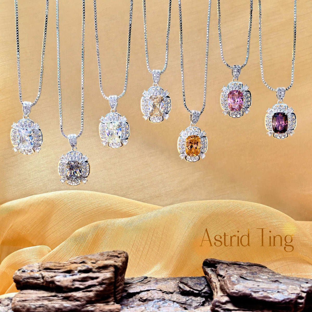 Limited Vintage Halo Cushion-Brilliant Cut CZ Statement Necklace | Heavy Silver-Plated Brass Box Chain 44.5cm