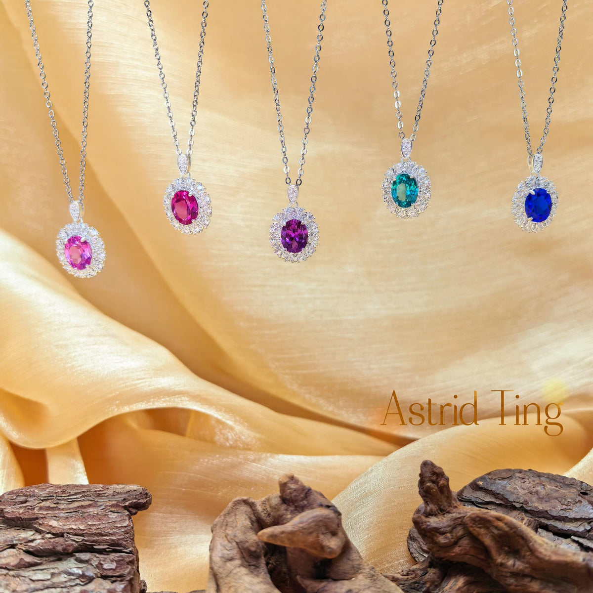 Limited Edition Mixed Brilliant Cut Oval-Brilliant Lab Colored Gemstone Halo Pendant Necklace | Heavy Silver-Plated Brass Cable Chain 46.5cm