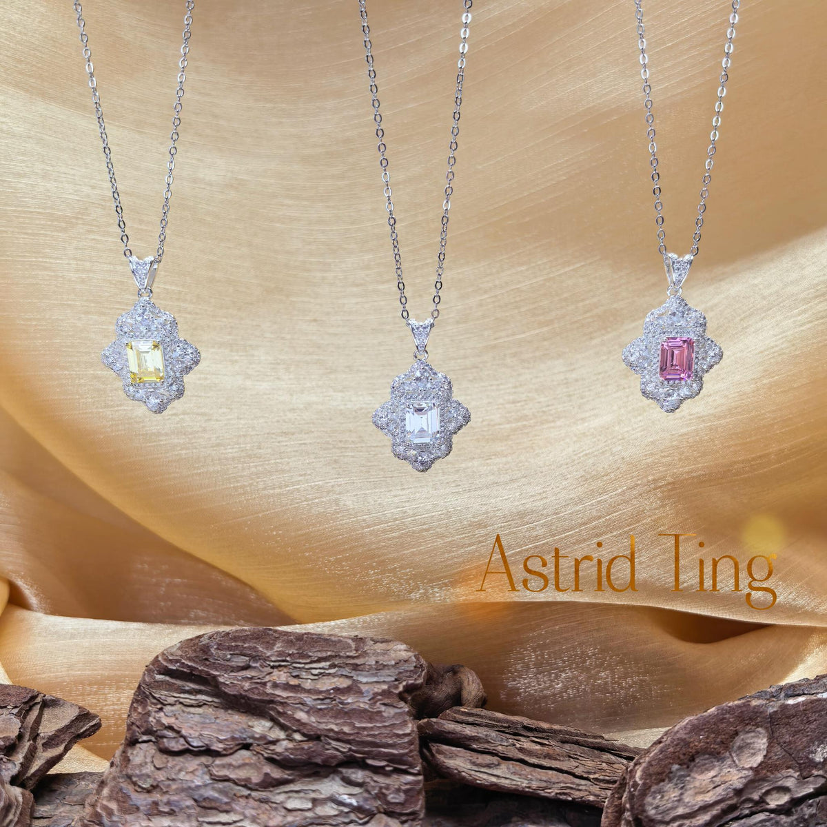 Limited Edition Vintage Floral Halo Asscher Cut Rectangular-Chamfered CZ Pendant Necklace | Heavy Silver-Plated Brass Cable Chain 46.5cm