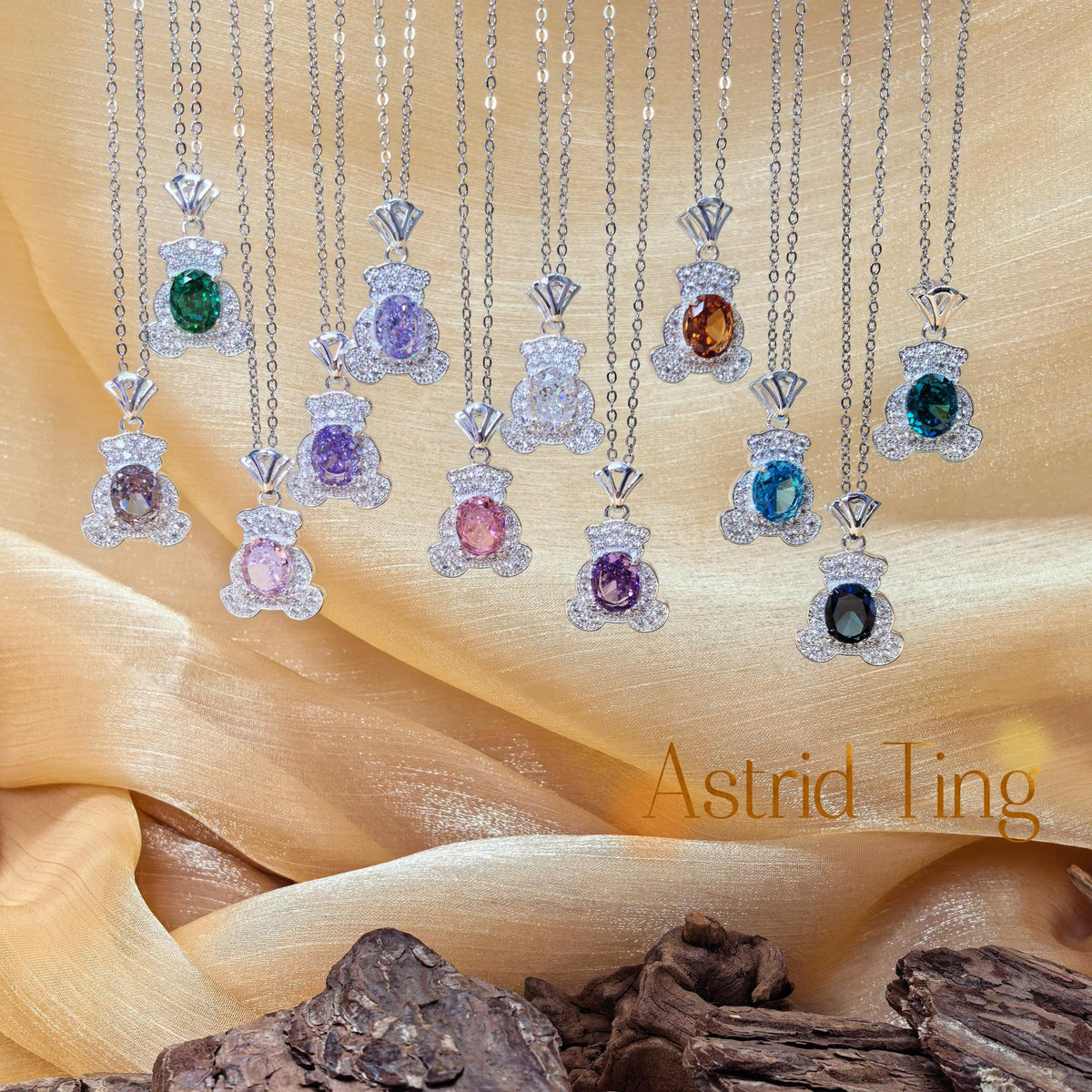 Limited Edition Cute Teddy Bear Halo Ice-Flower Cut Oval-Brilliant CZ Pendant Necklace | Heavy Silver-Plated Brass Cable Chain 46.5cm