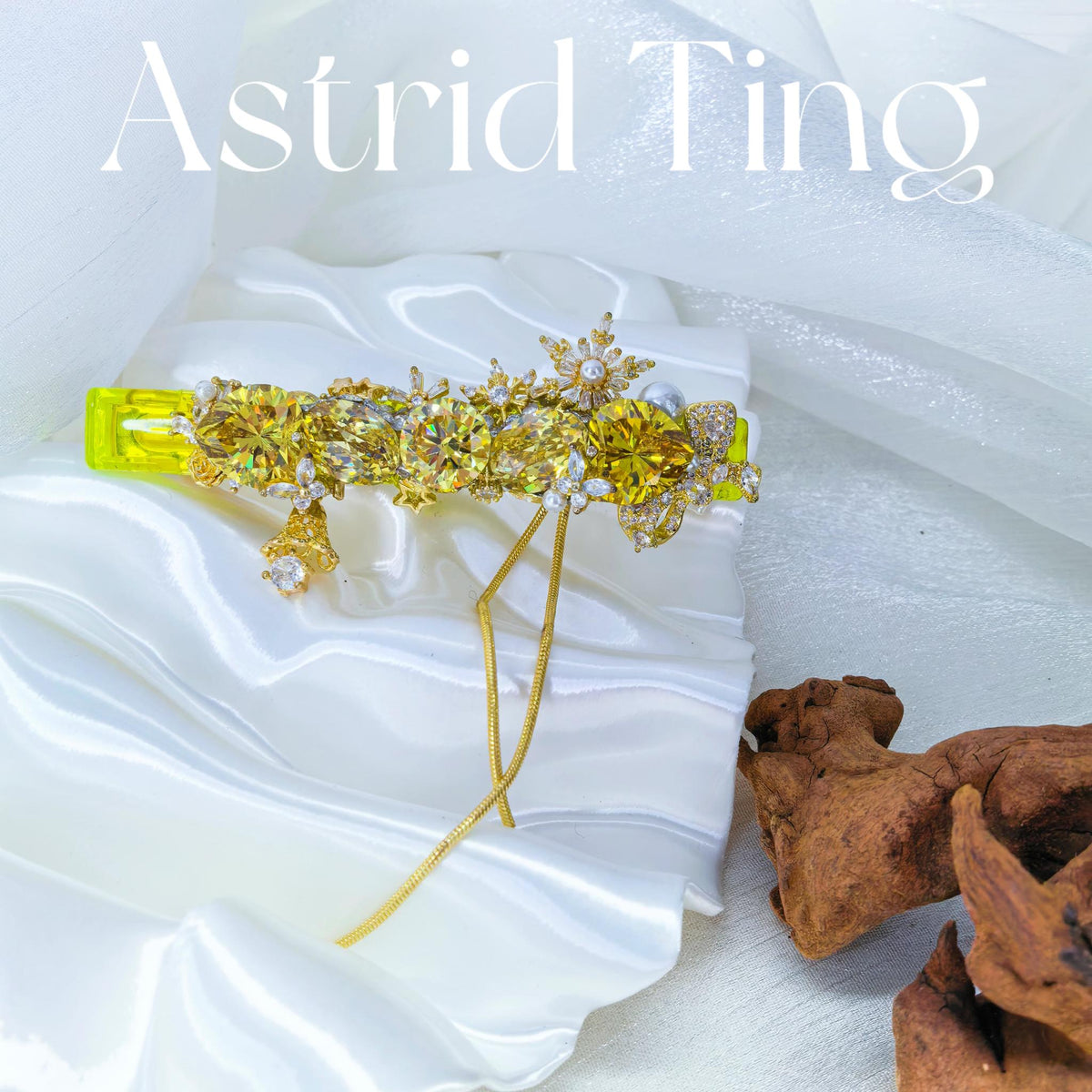 Handcrafted One-of-a-Kind Side Bangs Hair Clip — Pale Yellow & Golden Zircon Statement Piece