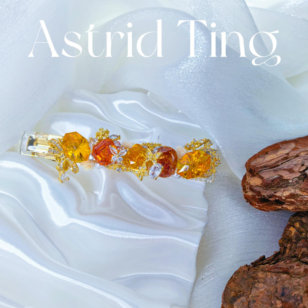 Handcrafted One-of-a-Kind Side Bangs Hair Clip — Golden, Fanta & Maillard Zircon Statement Piece