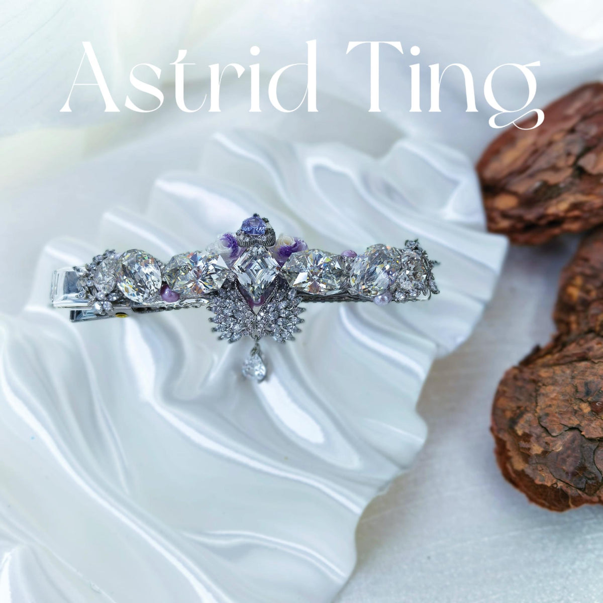 Handcrafted One-of-a-Kind Side Bangs Hair Clip — Clear Crystal Rhombus, Exclusive-Cut & Heart Zircon Statement Piece
