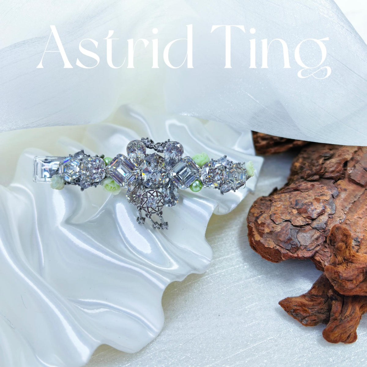 Handcrafted One-of-a-Kind Side Bangs Hair Clip — Clear Crystal Teardrop, Emerald & Exclusive-Cut Zircon Statement Piece