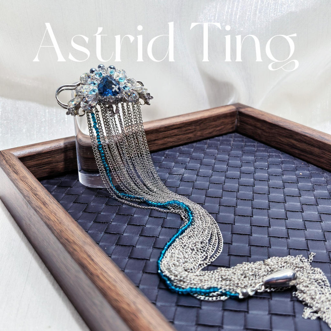 Handcrafted Tassel Statement Brooch, 12mm Heart Brilliant Cut Aquamarine Tone Synthetic Gemstone, Pear Brilliant Cut D Color White Synthetic Zircon, Heavy Silver-plated Brass Tassel Brooch