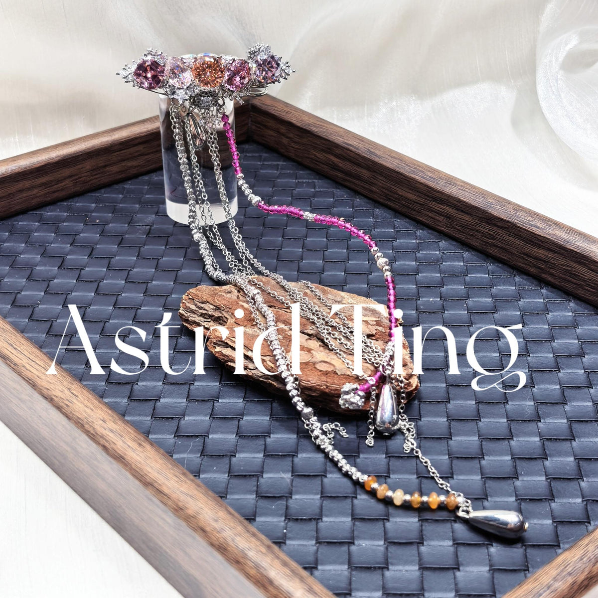 Handcrafted Tassel Statement Brooch, Round Brilliant & Oval Custom Cut Synthetic Zircon, Light Pink Deep Pink Orange Pink Tone Gemstone, Heavy Silver-Plated Brass Tassel Brooch