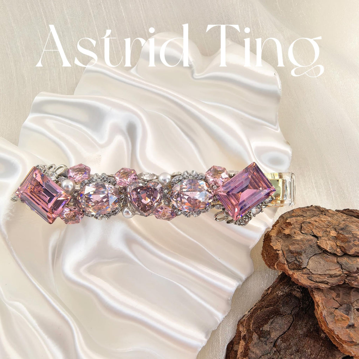 Handcrafted One of a Kind Pink Zircon Hair Barrette, Cut Corner Rectangular & Heart Brilliant Cut Stones, Pearl, Mixed Gold Silver Filigree