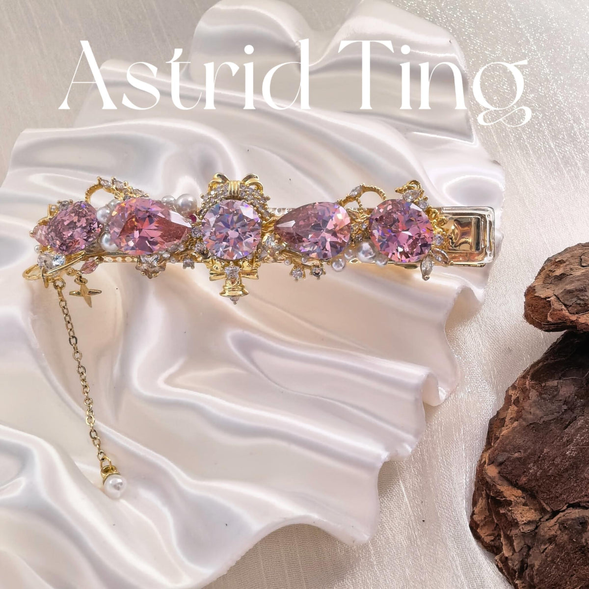 Handcrafted One of a Kind Pink Zircon Hair Barrette, Pear & Round Brilliant Cut Stones, Pearl, Vintage Gold Filigree with Dangling Star Chain
