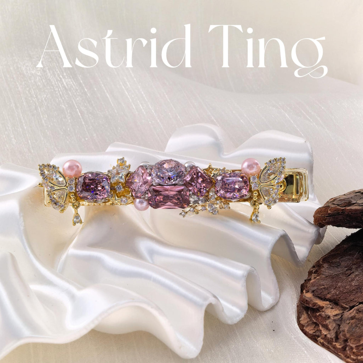 Handcrafted One of a Kind Pink Zircon Side Bang Hair Barrette with Cushion & Round Brilliant Cut Stones, Pearl and Vintage Gold Butterfly Ornaments