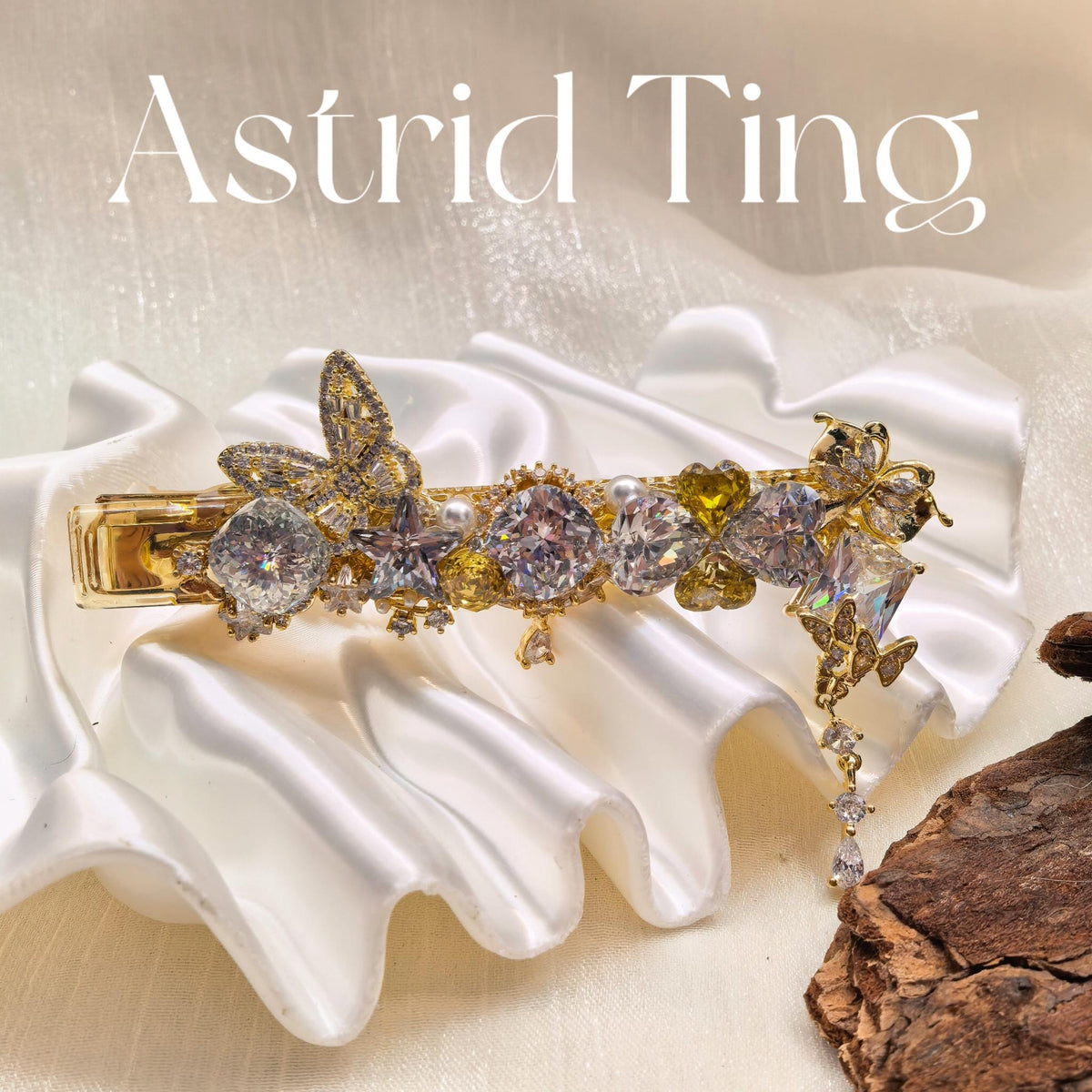 Handcrafted One of a Kind Clear & Golden Zircon Side Bang Hair Barrette with Star Brilliant Cut Stone, Butterfly Metal and Dangling Pendant