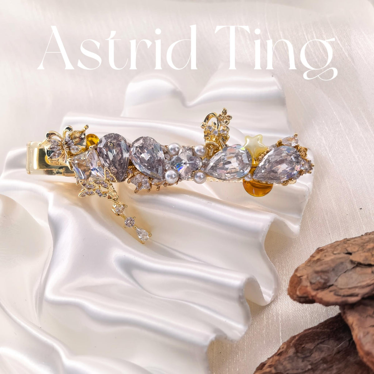 Handcrafted One of a Kind Clear Zircon Side Bang Hair Barrette with Pear Brilliant Cut Stone, Pearl, Vintage Gold Crown and Butterfly Ornaments