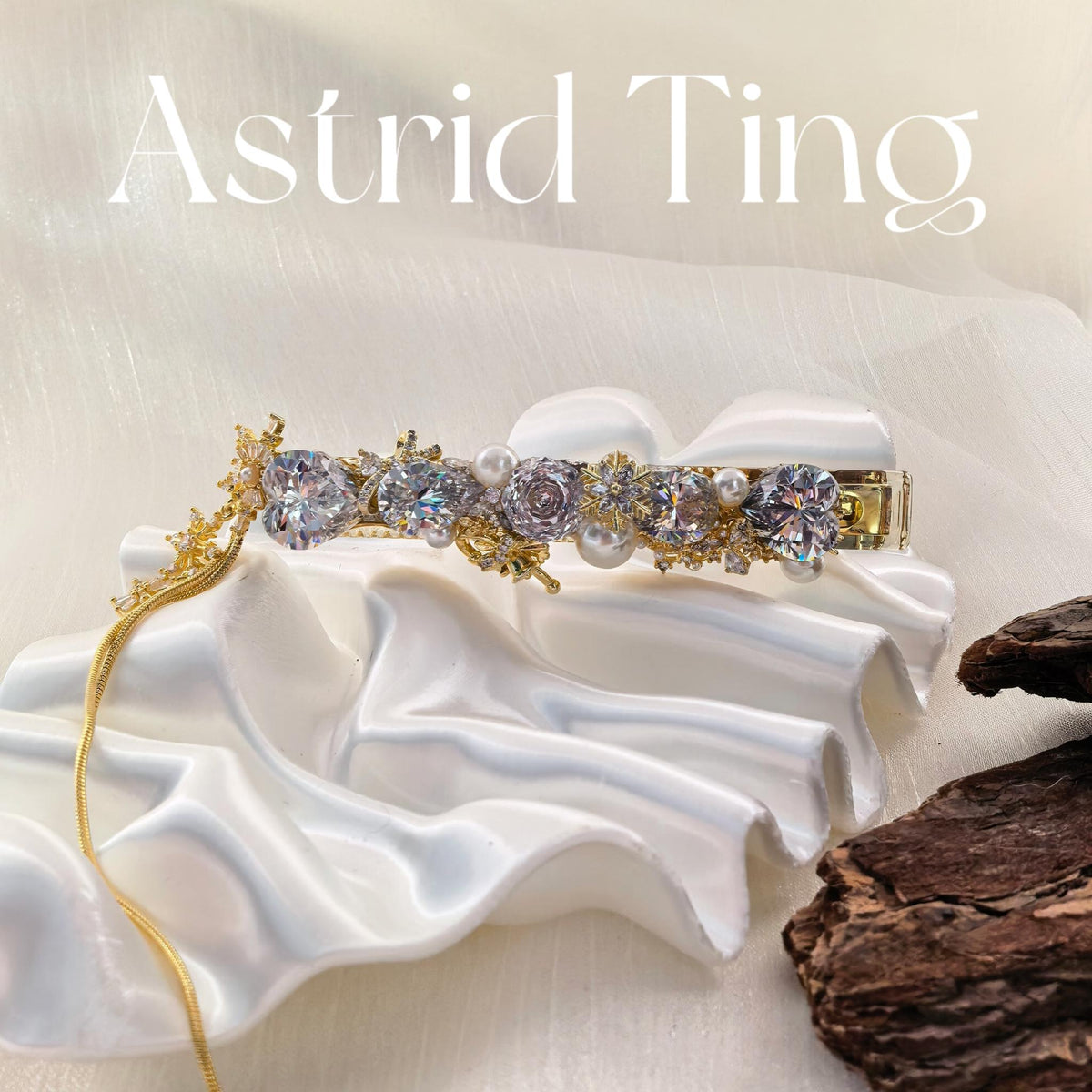 Handcrafted One of a Kind Clear Zircon Side Bang Hair Barrette with Rose Cut & Heart Brilliant Cut Stone, Pearl, Gold Snowflake and Tassel Chain