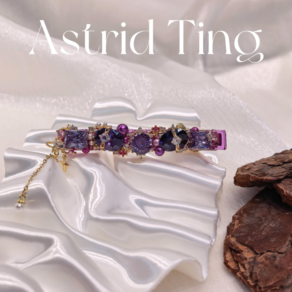 Handcrafted One of a Kind Side Bang Hair Clip — Purple Zircon, Pink Pearl & Dangling Chain Statement Hair Barrette
