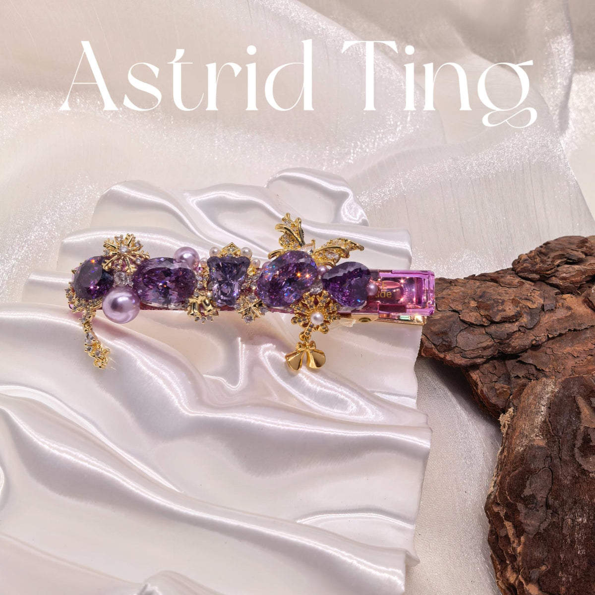 Handcrafted One of a Kind Purple Zircon Side Bang Hair Barrette with Heart Brilliant Cut Stone, Pink Pearl and Gold Floral Accents