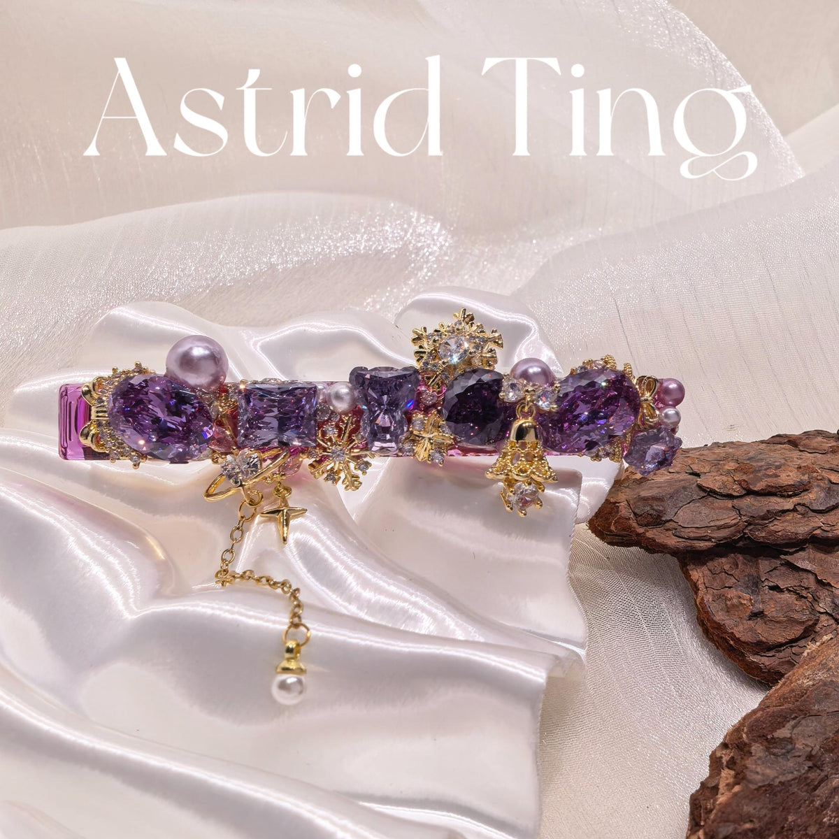Handcrafted One of a Kind Purple Zircon Side Bang Hair Barrette with Butterfly Cut Stone, Pink Pearl and Cross Dainty Dangling Chain