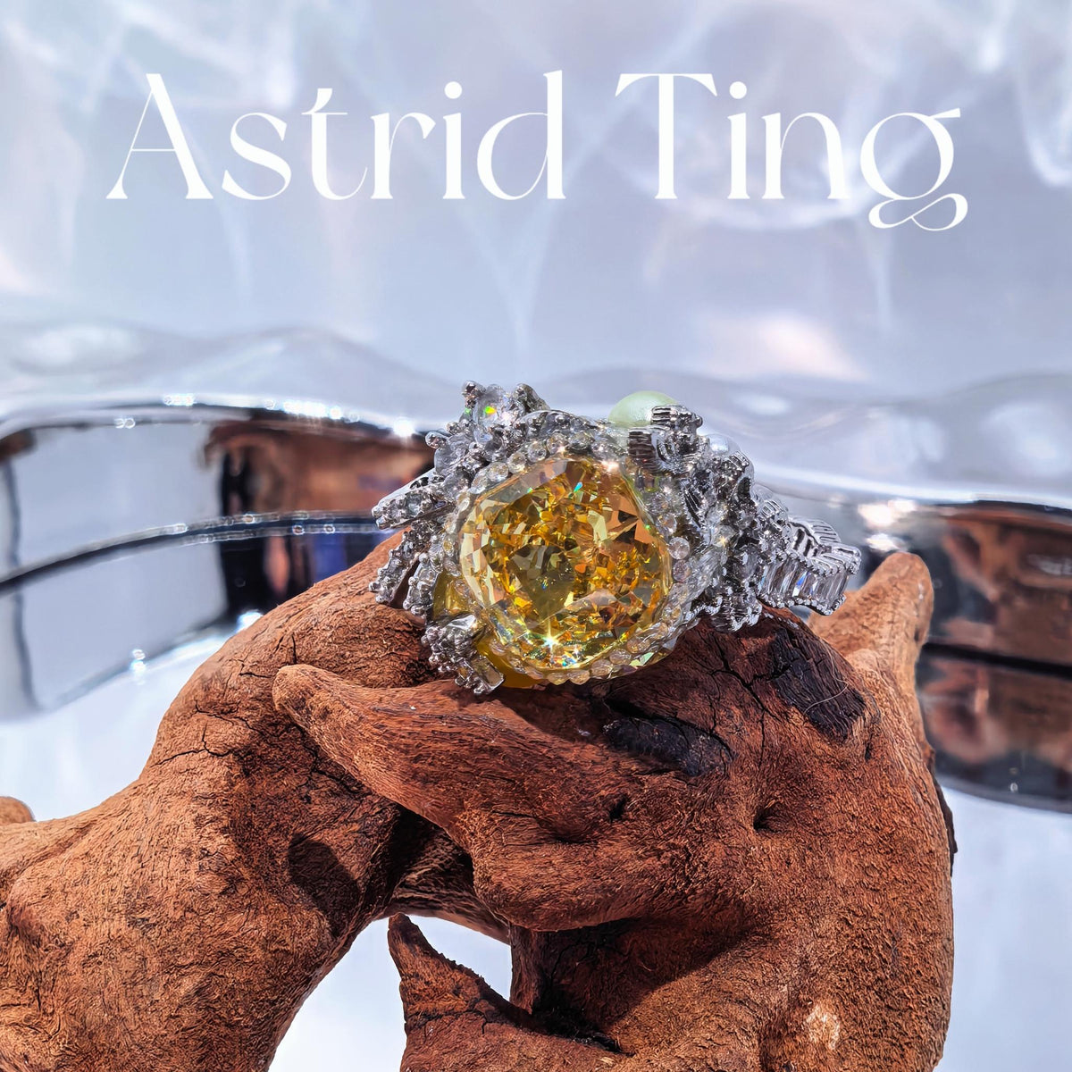 Handcrafted Cushion Cut Statement Ring, 9mm Crushed Ice Cut Light Canary Yellow Tone Synthetic Zircon Main Stone, Heavy Silver-plated Brass Adjustable Open Band Ring with Pearl & Zircon Accents
