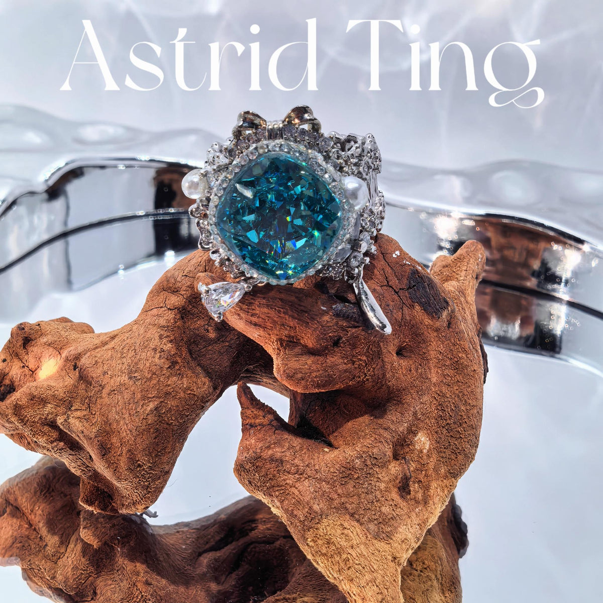 Handcrafted Cushion Cut Statement Ring, 12mm Crushed Ice Cut Neon Green Blue Tone Synthetic Zircon Main Stone, Heavy Silver-plated Brass Adjustable Open Band Ring with Faux Pearl & Zircon Accents