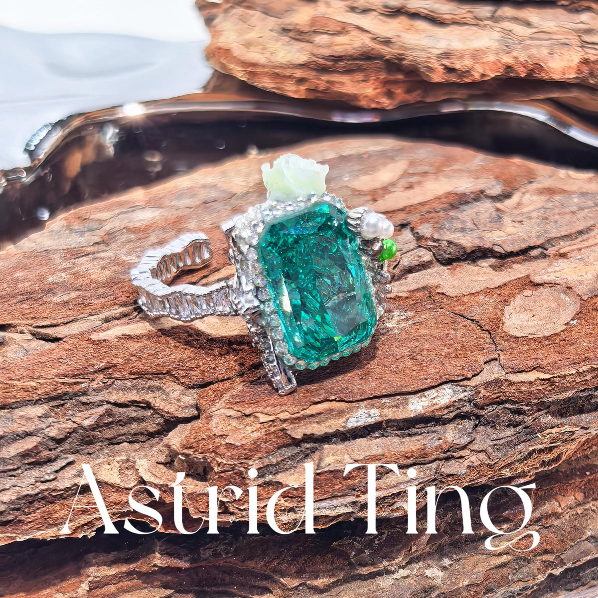 Handcrafted Rectangular-Chamfered-Corners Statement Ring, 8x12mm Ice-Flower Cut Neon Teal Blue Tone Synthetic Zircon Main Stone, Heavy Silver-plated Brass Adjustable Open Band Ring with White Floral & Zircon Accents