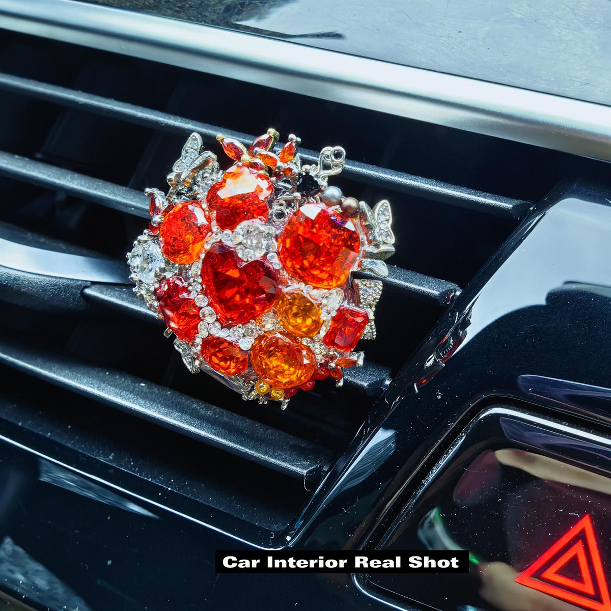 Handmade Bling Car Air Vent Charm, China Red & Mandarin Orange Cubic Zirconia Car Vent Clip, Alloy Base with Soft Protective Sleeve, Luxury Car Interior Decor with Dangling Chain