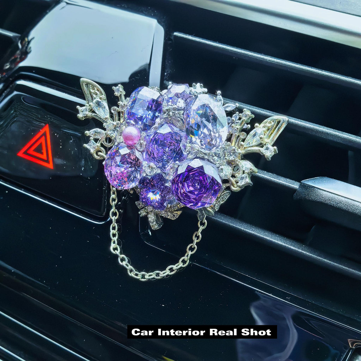 Handmade Bling Car Air Vent Charm, Purple & Light Shift Blue Cubic Zirconia Car Vent Clip, Alloy Base with Soft Protective Sleeve, Luxury Car Interior Decor with Dangling Chain
