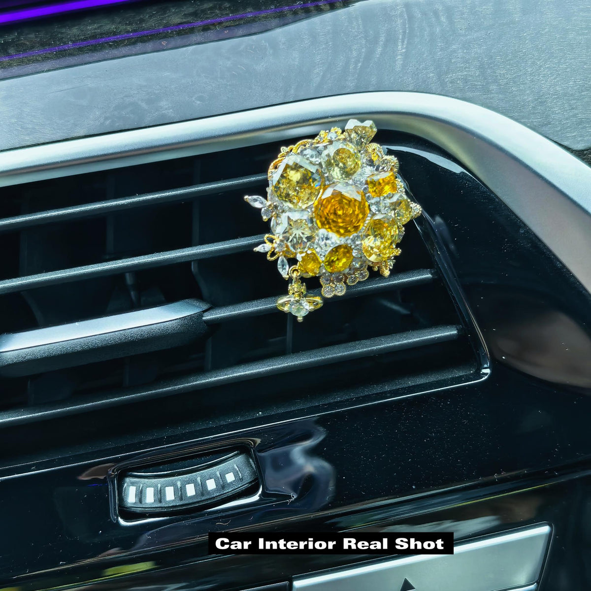 Handmade Bling Car Air Vent Charm, Canary Yellow & Light Canary Yellow Cubic Zirconia Car Vent Clip, Alloy Base with Soft Protective Sleeve, Luxury Car Interior Decor with Dangling Chain