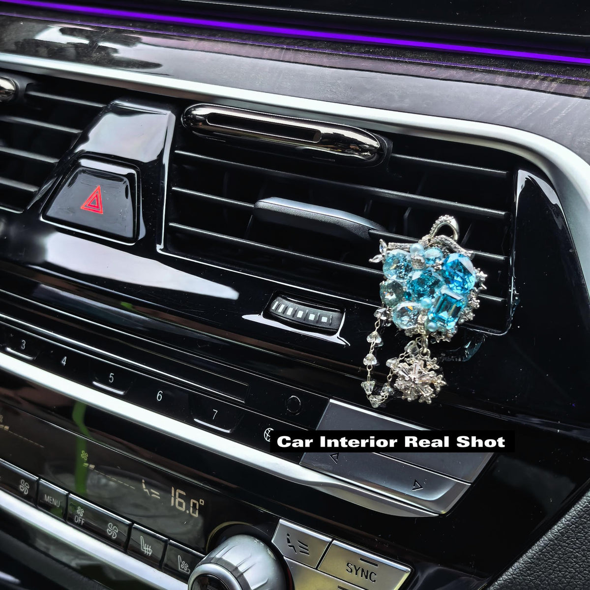Handmade Bling Car Air Vent Charm, Sky Blue, Light Ocean Blue & Ice Blue Cubic Zirconia Car Vent Clip, Alloy Base with Soft Protective Sleeve, Luxury Car Interior Decor with Dangling Chain