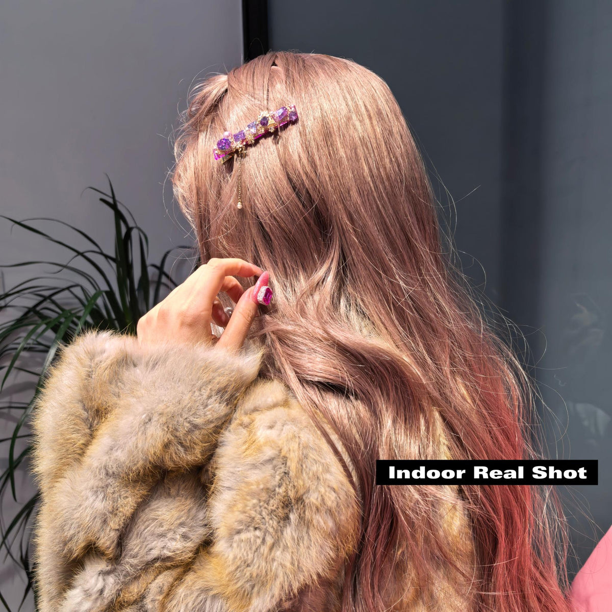 Handcrafted One of a Kind Purple Zircon Side Bang Hair Barrette with Butterfly Cut Stone, Pink Pearl and Cross Dainty Dangling Chain