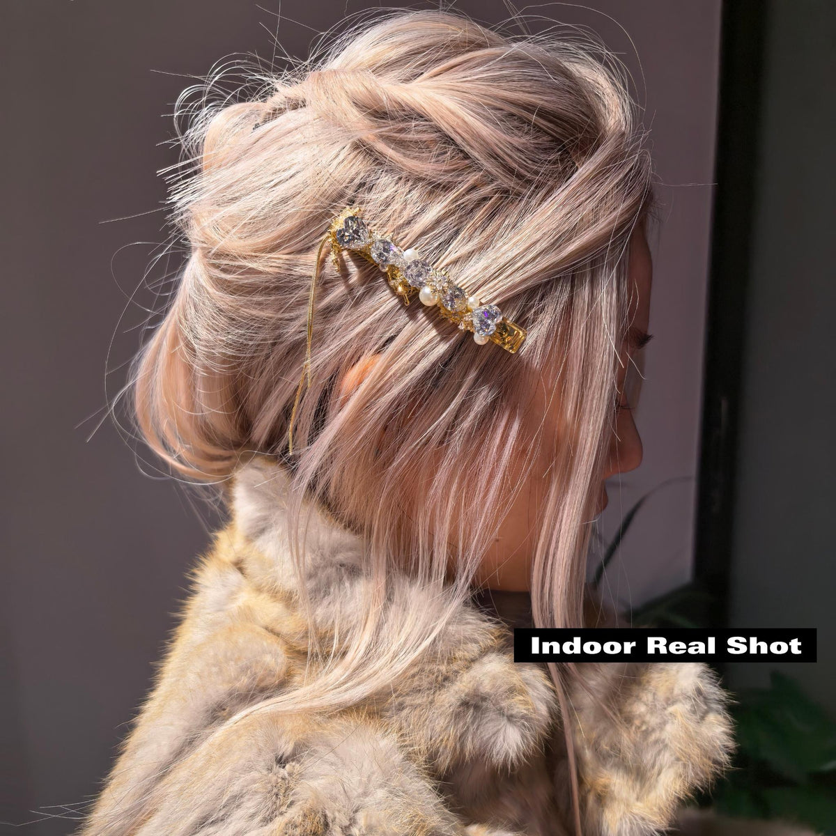 Handcrafted One of a Kind Clear Zircon Side Bang Hair Barrette with Rose Cut & Heart Brilliant Cut Stone, Pearl, Gold Snowflake and Tassel Chain