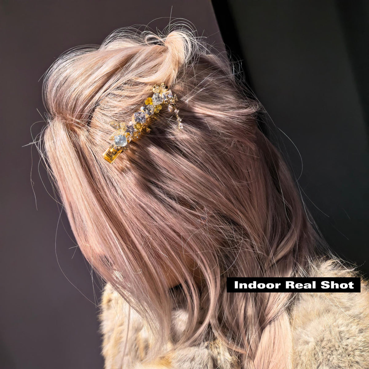 Handcrafted One of a Kind Clear & Golden Zircon Side Bang Hair Barrette with Star Brilliant Cut Stone, Butterfly Metal and Dangling Pendant