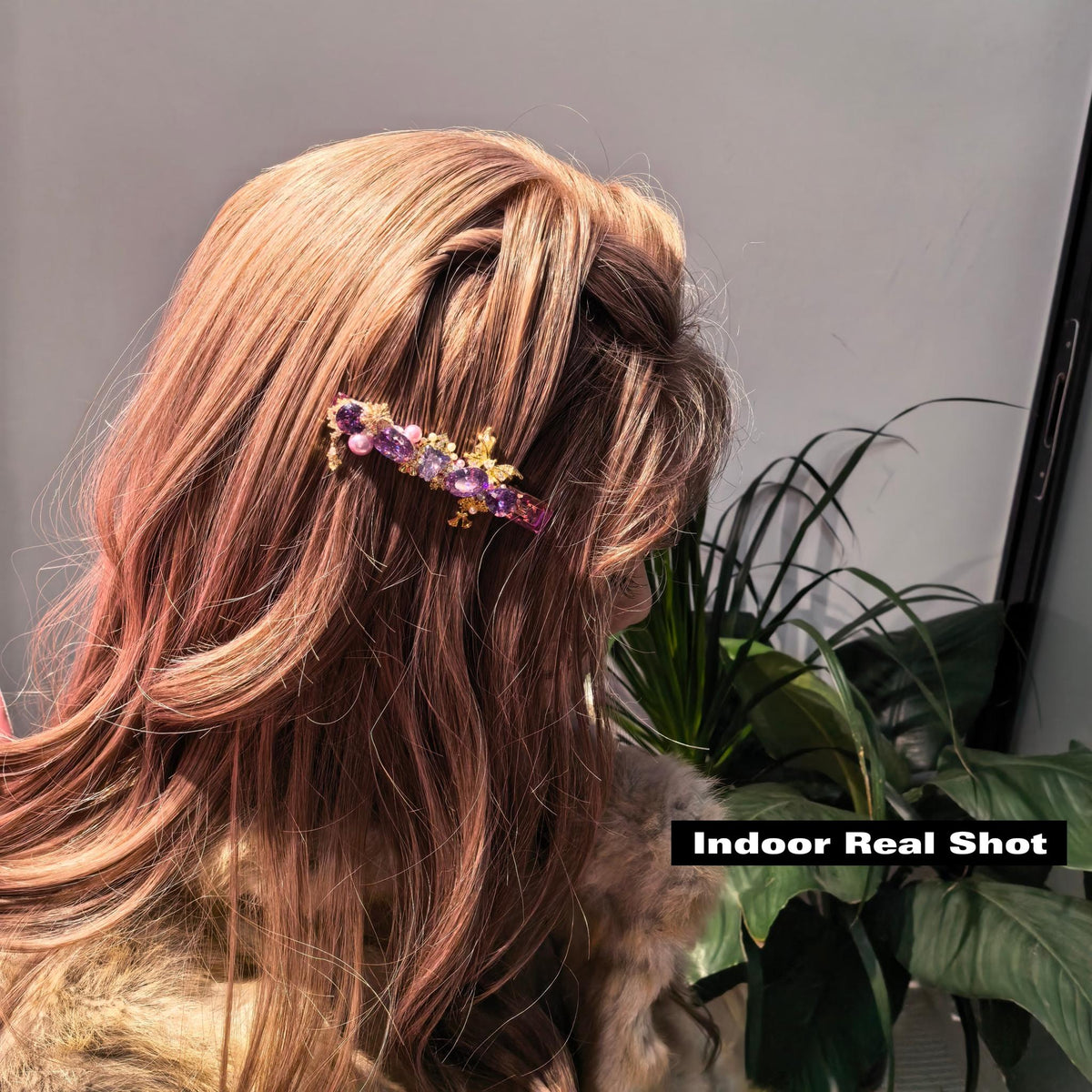 Handcrafted One of a Kind Purple Zircon Side Bang Hair Barrette with Heart Brilliant Cut Stone, Pink Pearl and Gold Floral Accents