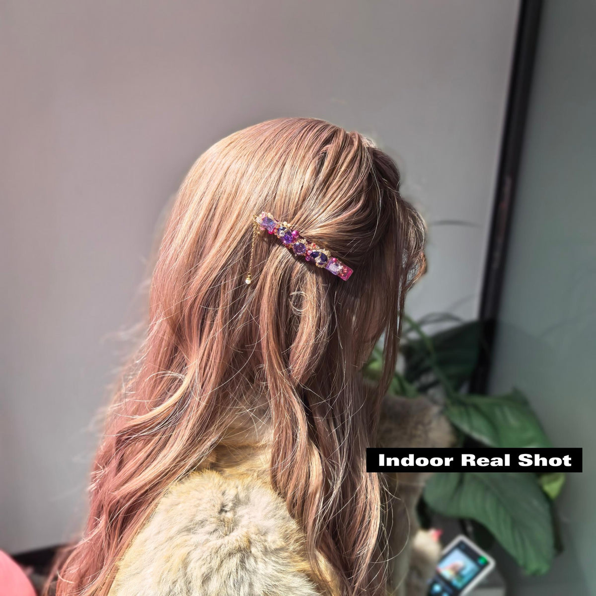 Handcrafted One of a Kind Side Bang Hair Clip — Purple Zircon, Pink Pearl & Dangling Chain Statement Hair Barrette