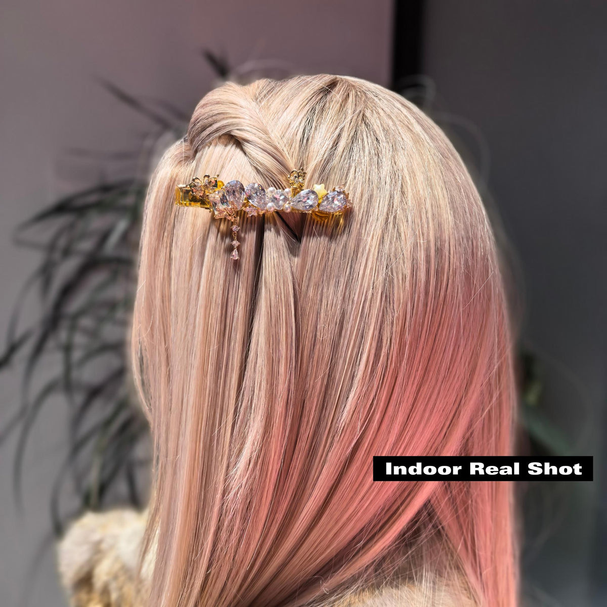 Handcrafted One of a Kind Clear Zircon Side Bang Hair Barrette with Pear Brilliant Cut Stone, Pearl, Vintage Gold Crown and Butterfly Ornaments