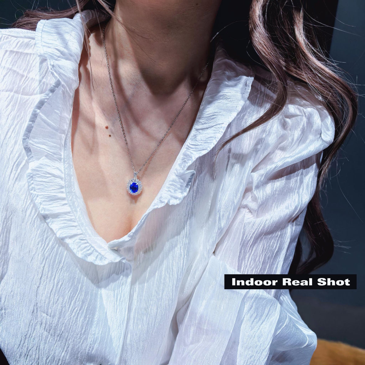 Limited Edition Mixed Brilliant Cut Oval-Brilliant Lab Colored Gemstone Halo Pendant Necklace | Heavy Silver-Plated Brass Cable Chain 46.5cm