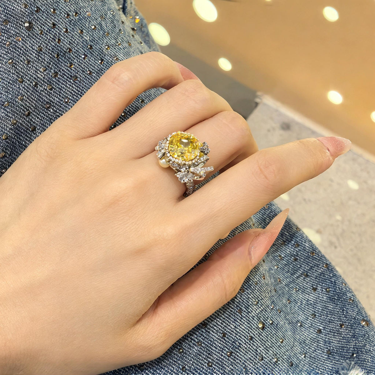 Handcrafted Cushion Cut Statement Ring, 9mm Crushed Ice Cut Light Canary Yellow Tone Synthetic Zircon Main Stone, Heavy Silver-plated Brass Adjustable Open Band Ring with Pearl & Zircon Accents