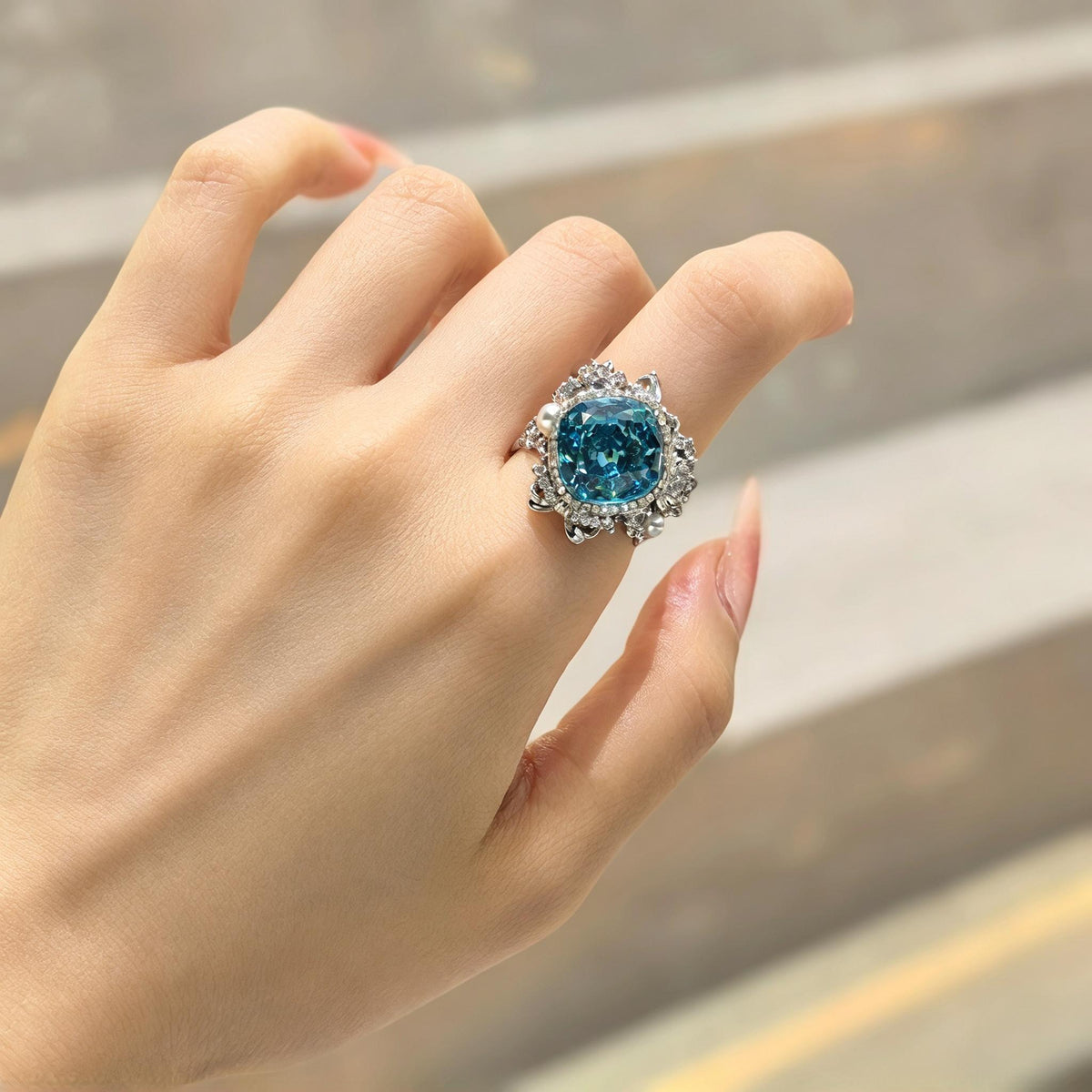 Handcrafted Cushion Cut Statement Ring, 12mm Crushed Ice Cut Neon Green Blue Tone Synthetic Zircon Main Stone, Heavy Silver-plated Brass Adjustable Open Band Ring with Faux Pearl & Zircon Accents