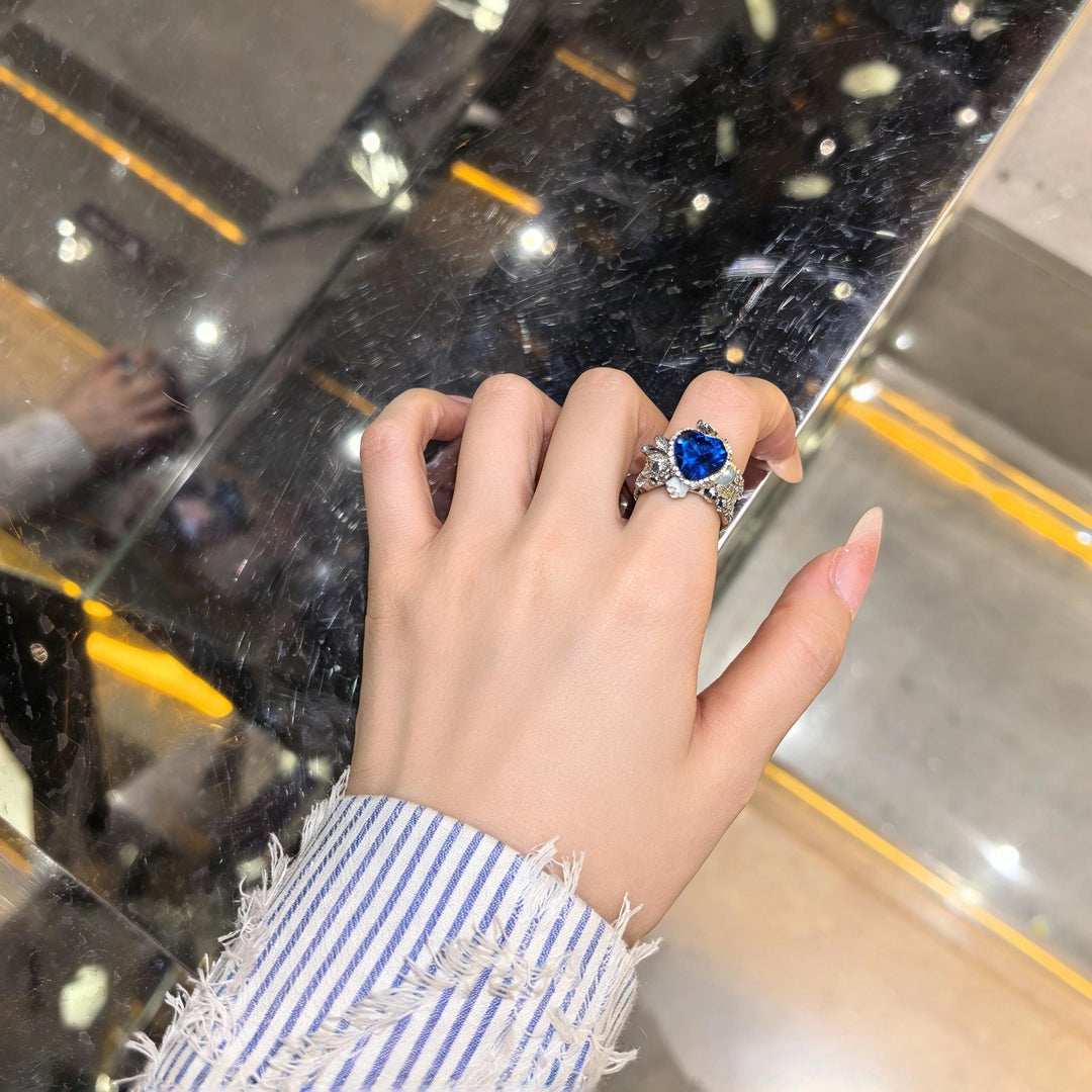Handcrafted Heart Cut Blue Gemstone Statement Ring, 10mm Heart Brilliant Cut Aqua Blue Synthetic Gem with Cubic Zirconia Accents, Heavy Silver-plated Brass Adjustable Open Band Cocktail Ring