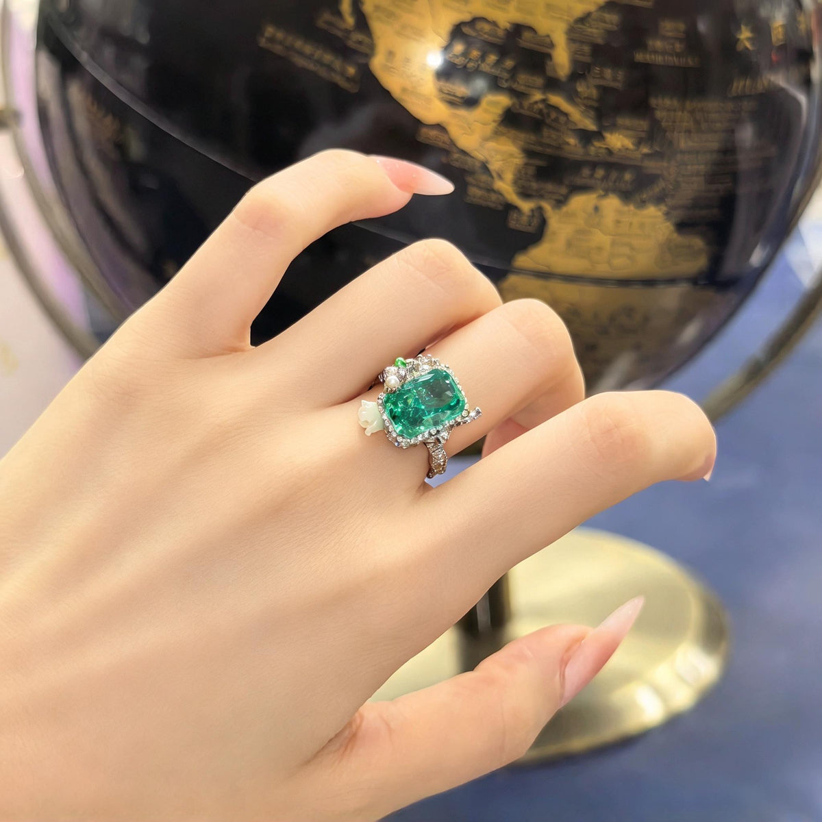 Handcrafted Rectangular-Chamfered-Corners Statement Ring, 8x12mm Ice-Flower Cut Neon Teal Blue Tone Synthetic Zircon Main Stone, Heavy Silver-plated Brass Adjustable Open Band Ring with White Floral & Zircon Accents