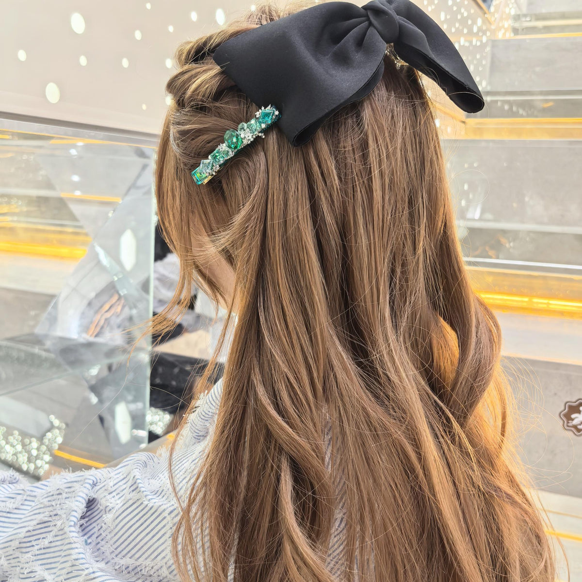 Handcrafted One-of-a-Kind Side Bangs Hair Clip — Emerald & Paraiba Zircon Statement Piece