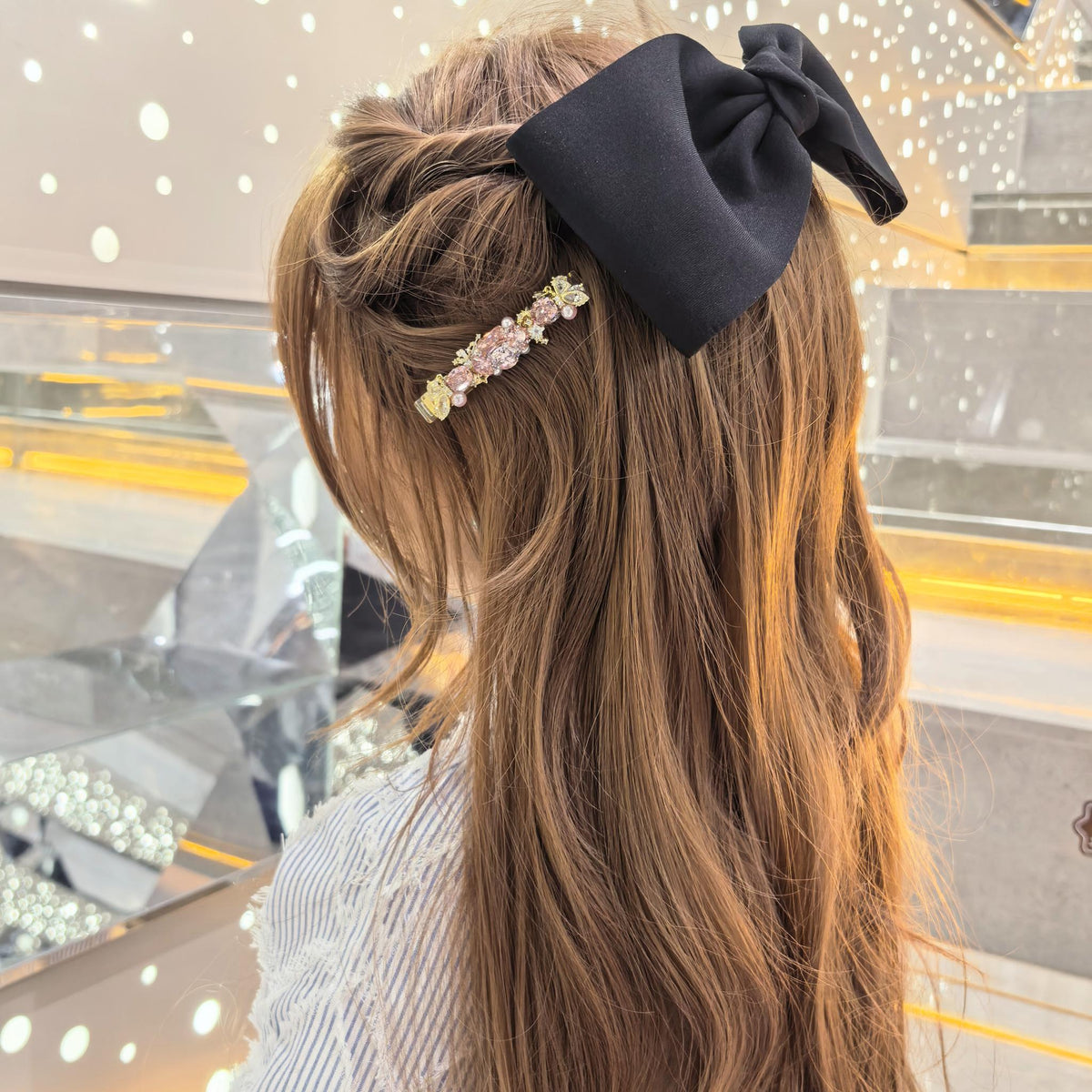 Handcrafted One of a Kind Pink Zircon Side Bang Hair Barrette with Cushion & Round Brilliant Cut Stones, Pearl and Vintage Gold Butterfly Ornaments