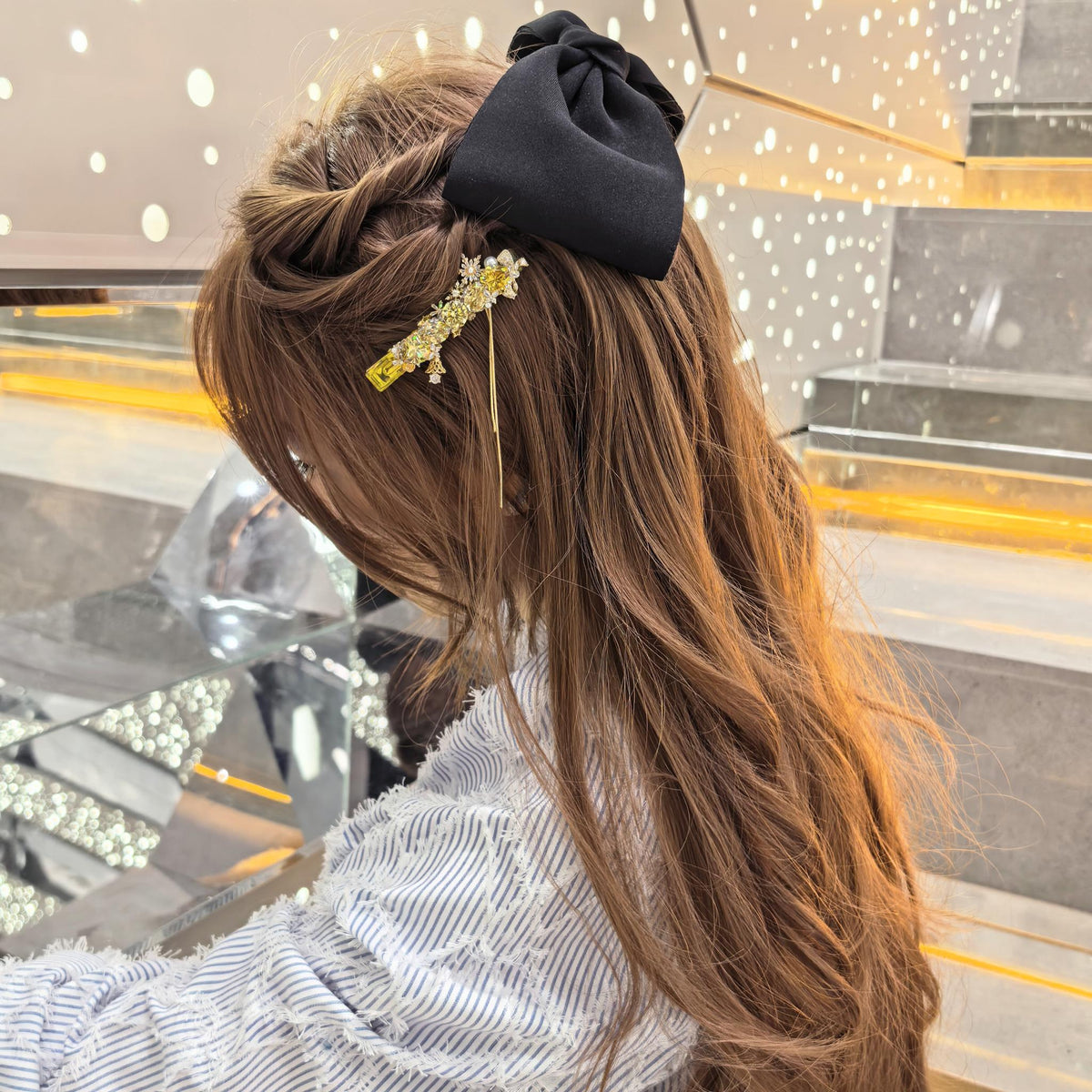 Handcrafted One-of-a-Kind Side Bangs Hair Clip — Pale Yellow & Golden Zircon Statement Piece