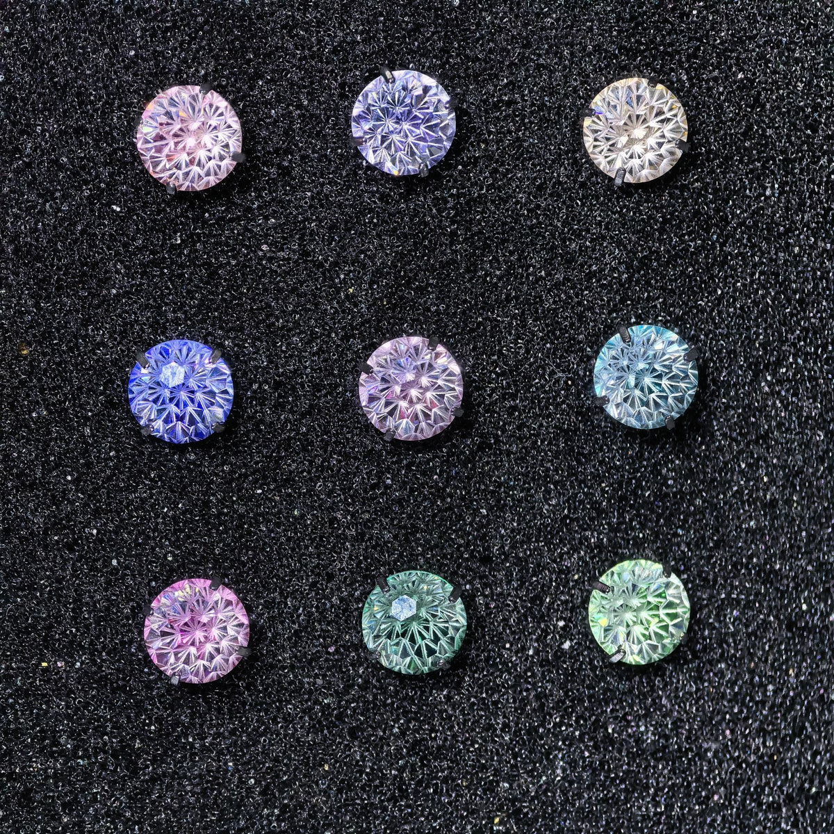 6mm iridescent aurora kaleidoscope cubic zirconia screw back stud earrings multi color set flat lay