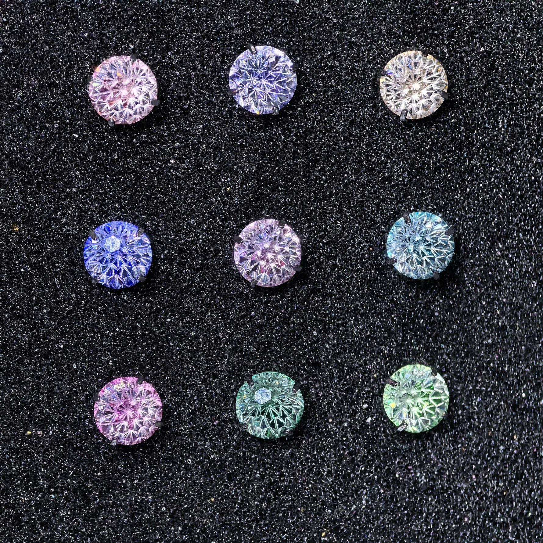 6mm iridescent aurora kaleidoscope cubic zirconia screw back stud earrings multi color set flat lay