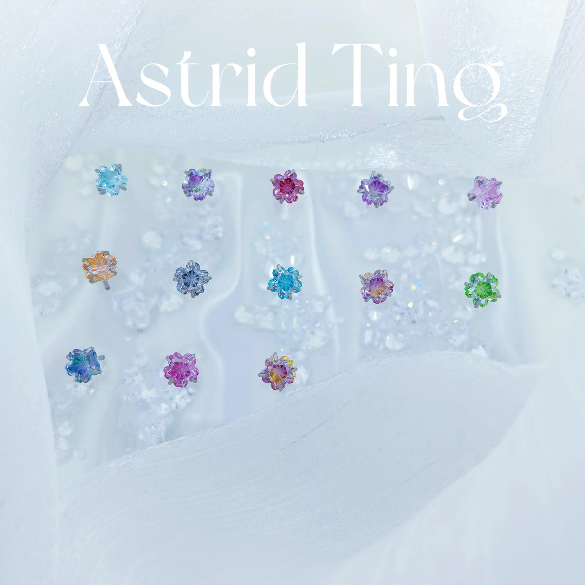 6mm cherry blossom cut two‑tone gradient cz titanium‑steel screw‑back studs flat‑lay