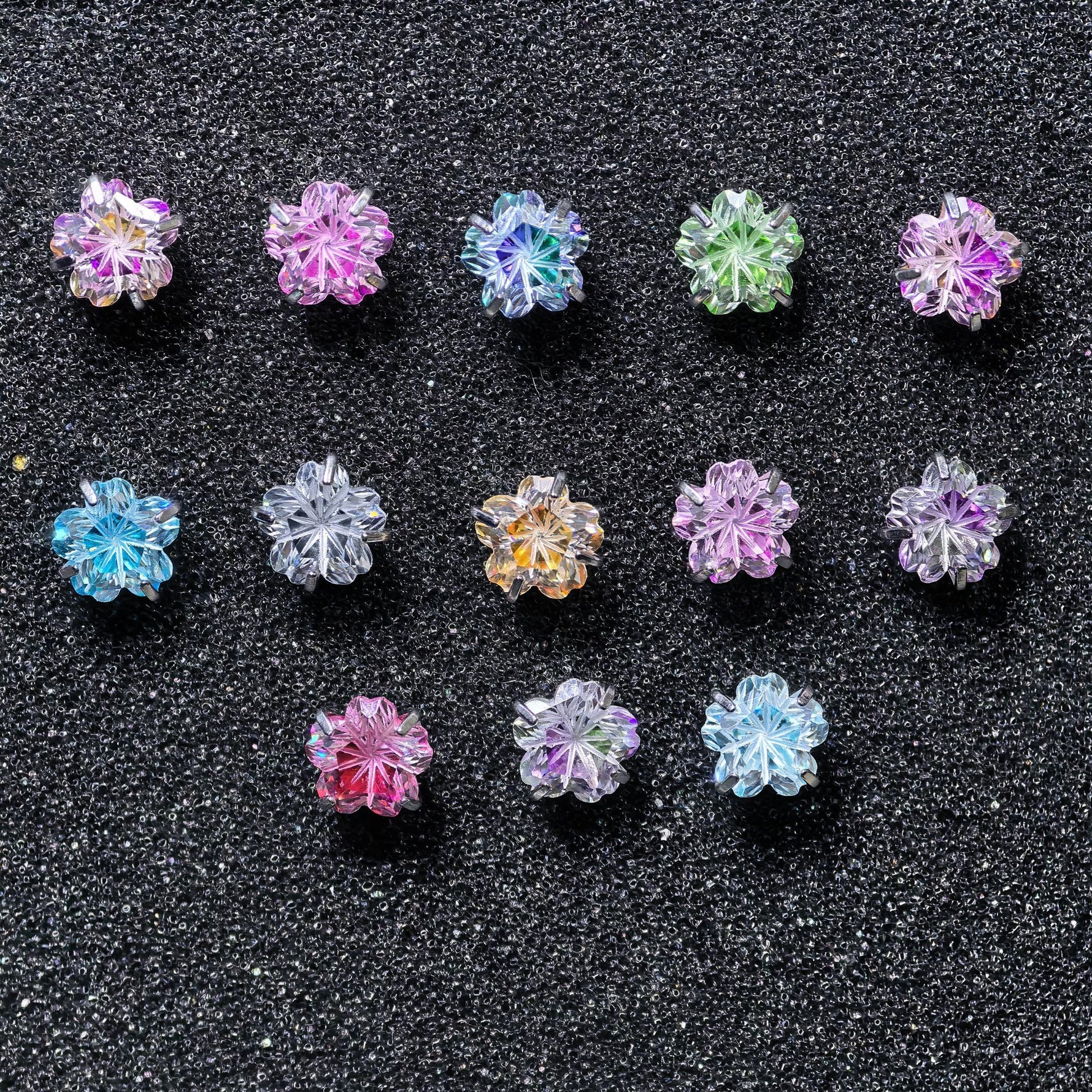 6mm cherry blossom cut two‑tone gradient cz titanium‑steel screw‑back studs flat‑lay