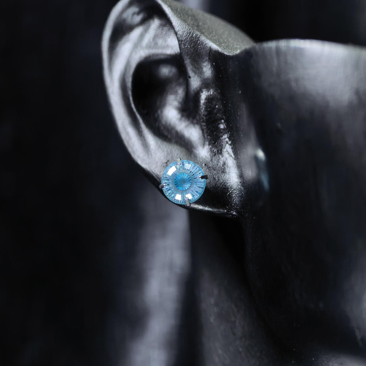 6mm conch‑cut light ocean blue iridescent plated cz titanium‑steel screw‑back stud earring
