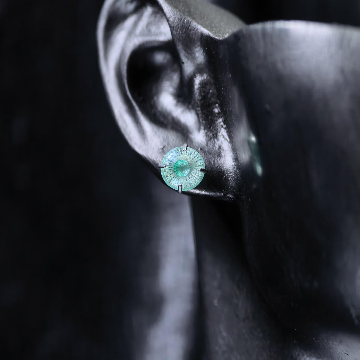 6mm conch‑cut neon teal blue iridescent plated cz titanium‑steel screw‑back stud earring