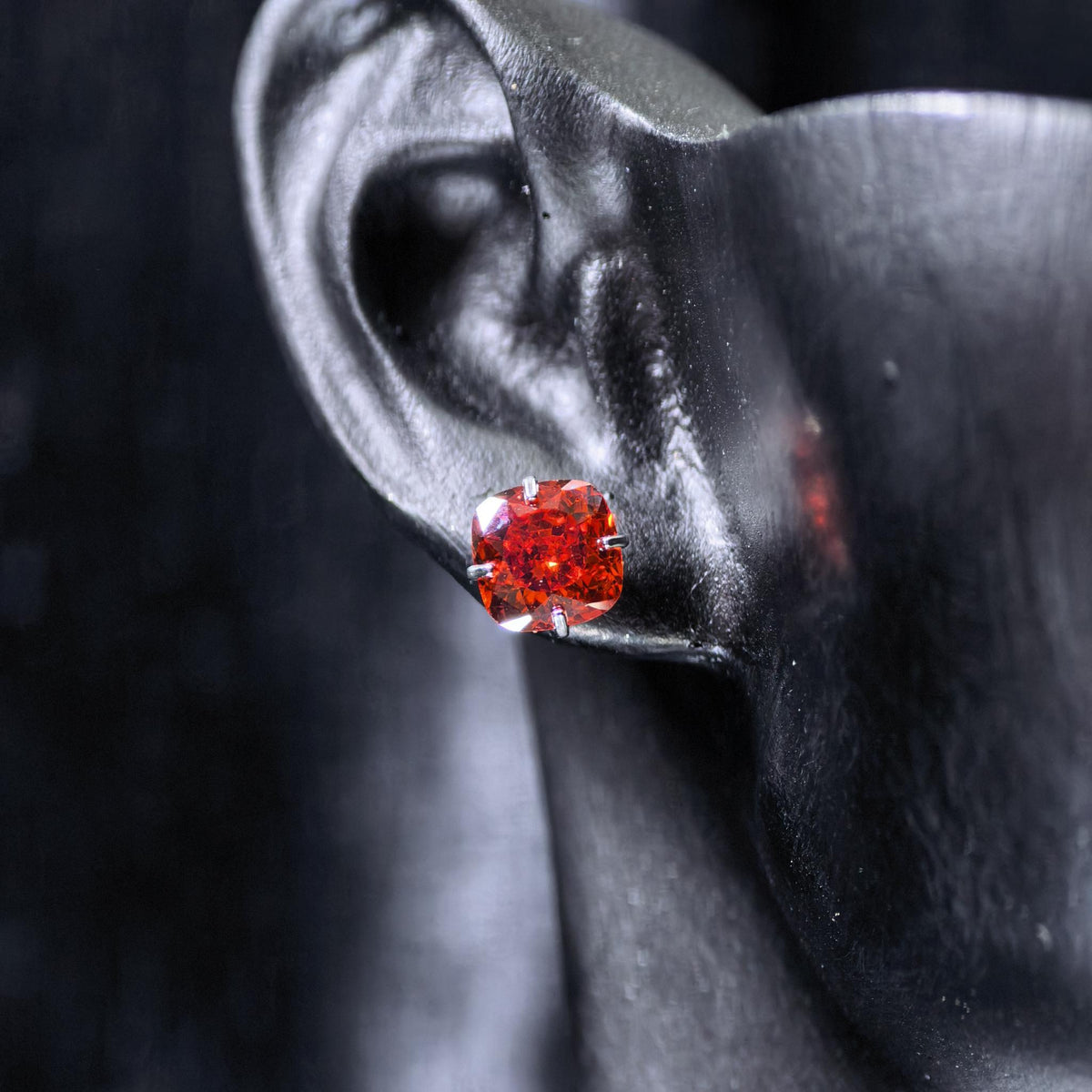6mm fat square bouquet‑cut china red tone cz titanium‑steel screw‑back stud earring