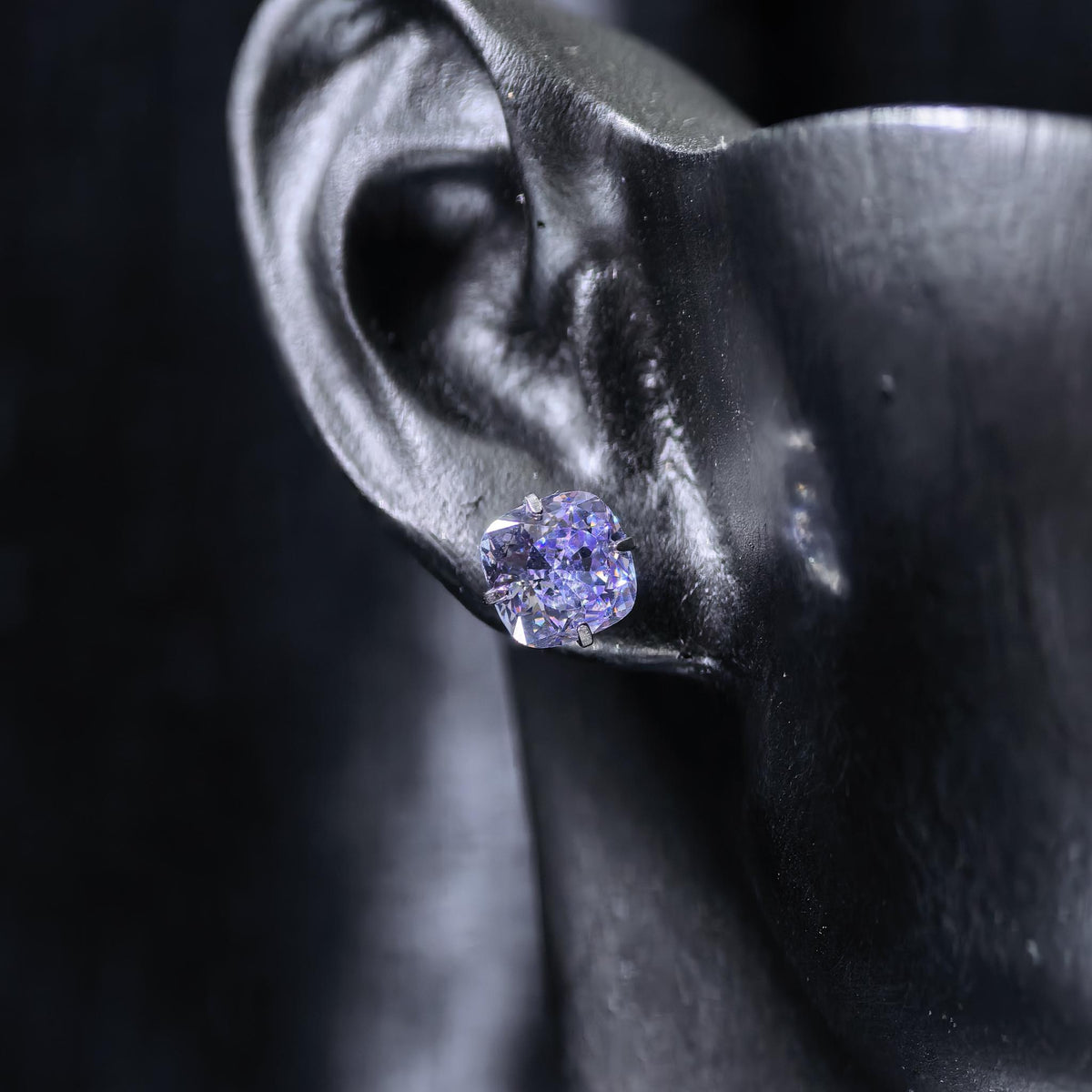 6mm fat square bouquet‑cut lavender tone cz titanium‑steel screw‑back stud earring