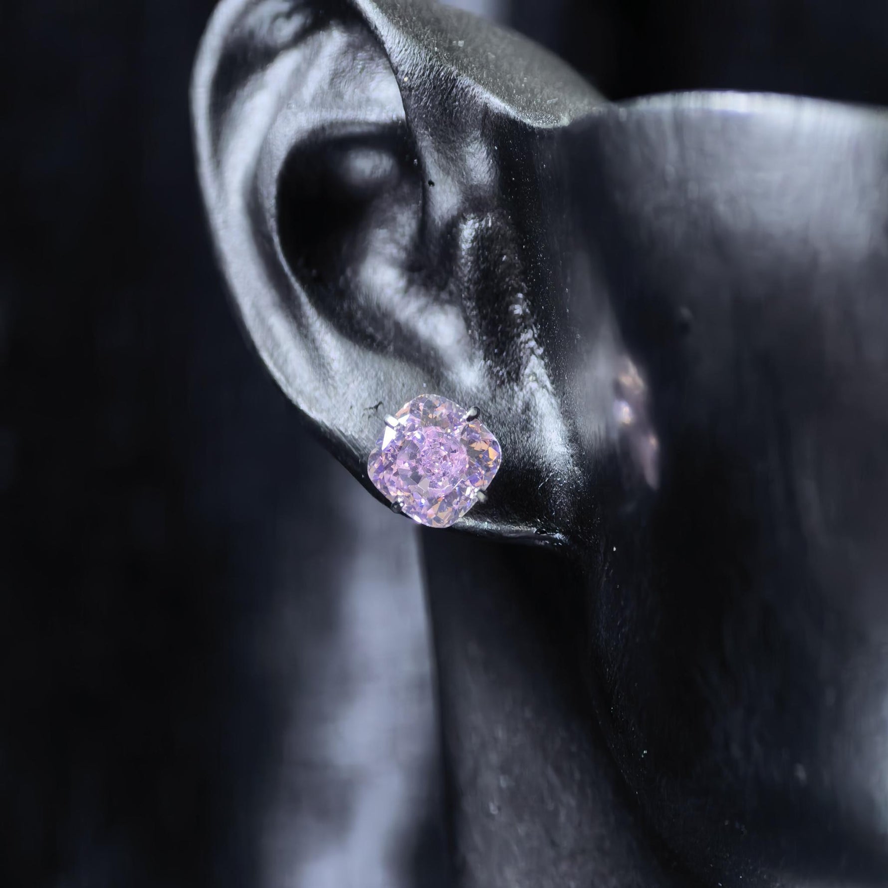 6mm fat square bouquet‑cut light pink tone cz titanium‑steel screw‑back stud earring